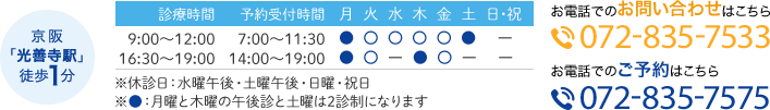 京阪
「光善寺駅」
徒歩1分 診療時間:9:00～12:00 
16:30～19:00　予約受付時間:7:00～11:30 
14:00～19:00 ※休診日：水曜午後・土曜午後・日曜・祝日
※月曜と木曜の午後診と土曜は2診制になります お電話でのお問い合わせ:072-835-7533

お電話でのご予約:072-835-7575
